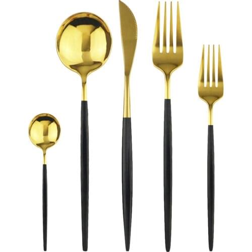 4set/6set/10set Black Gold Cutlery Set Knife Fork Spoon 304 Stainless Steel Dinnerware Set Flatware Set Mirror Tableware Set