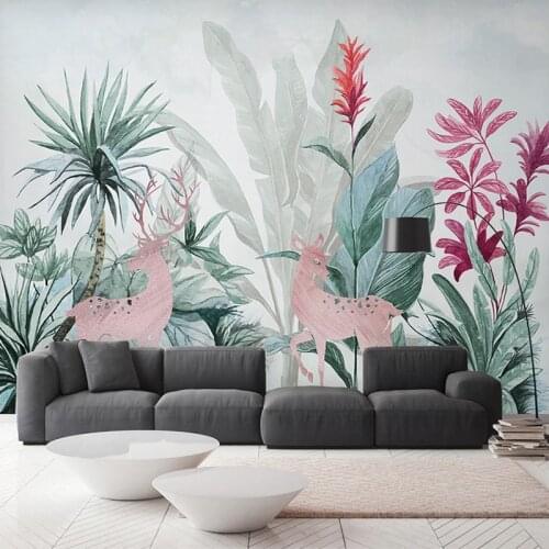 Custom Wall Mural Papel De Parede 3D Nordic Tropical Plant Banana Leaf Elk Waterproof Canvas Painting Wallpaper For Living Room