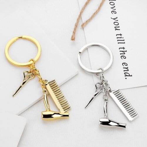 RONGQING 1Pcs Barber Shop Scissors Hair Dryer Comb Shaver Keyring Unique Metal KeyChain Gift Metal Key Chain Gift