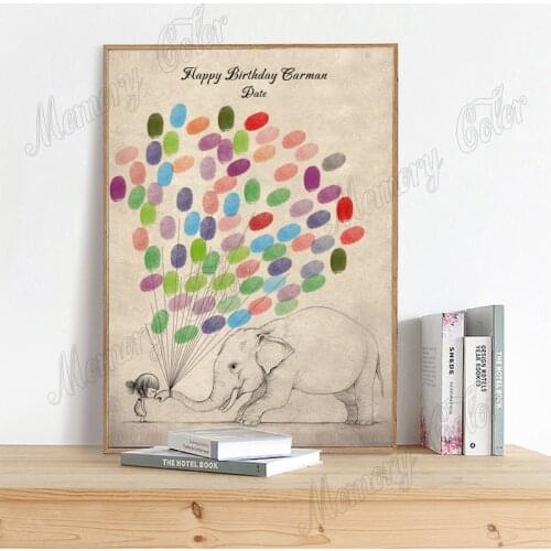 Personalized Theme Name Date Cartoon Elephant Fingerprint DIY Painting Guestbook For Kids Birthday Baby Shower Souvenir Gift