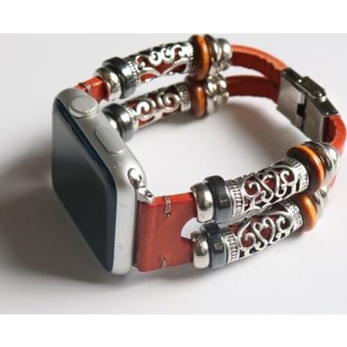 For Apple Watch Series 5 4 3 2 Band Handmade Beads Retro Leather Bracelet Strap for iWatch 40mm 44mm 38mm42mm Wristband Belt