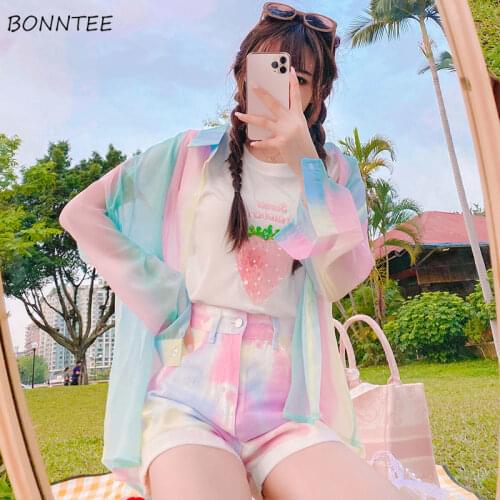 Shirts Women Long Sleeve Sweet Lovely Candy Color Turn-down Collar Summer Sunscreen Korean Version Leisure All-match Female Tops