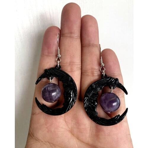 Purple Crystal Moon Earrings Crescent Moon Jewelry Dark Style Gothic Stone Pendant Magic Wiccan Witch Style Macabre Amulet