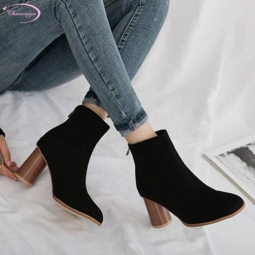 Simple style round toe nubuck womens boots zipper apricot red black ankle boots woman thick high heel women riding boots