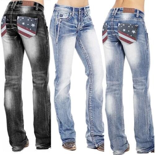 American Flag Stretch Washed Bootcut Jeans for Women High Waist Vintage Pants LXH