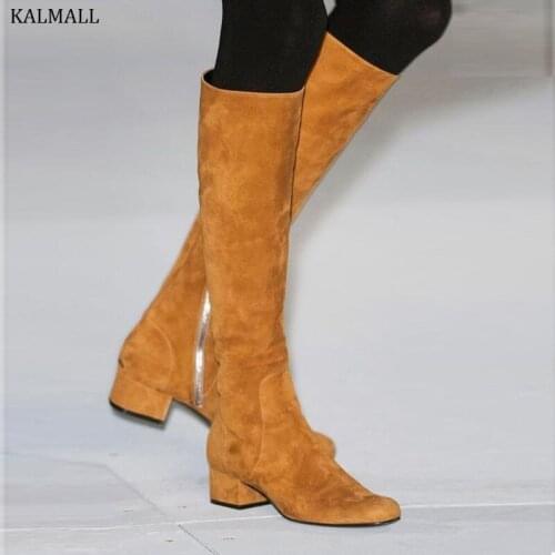 KALMALL Botas Mujer Winter Women Knee-High Boots Casual Style Block Heels Thigh High Boots Silver Orange Women Motorcycle Boots