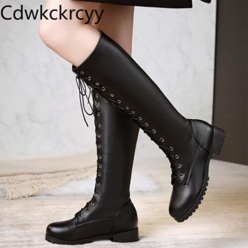 Winter The New fashion Round head Thick bottom High tube Martin boots Plus velvet Keep warm High heel Women boots size 34-48