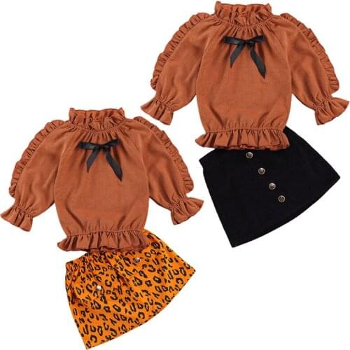 Baby Girl Clothes Set Ruffles Solid Long Sleeve Bowknot Top T-shirt+Button Skirt 2pcs Children Girls Clothing Outfits