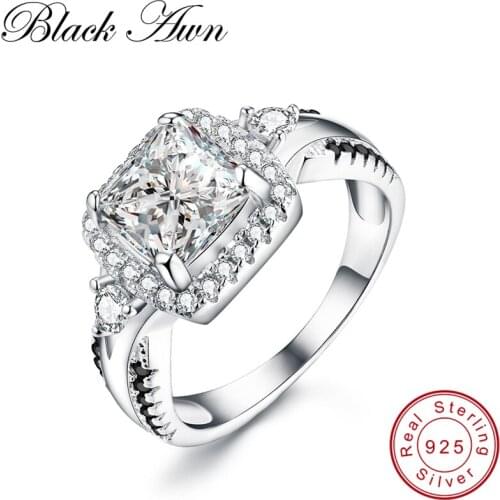[BLACK AWN] Genuine 925 Sterling Silver Jewelry Classic Wedding Rings for Women Black&White Femme Ring Bijoux Bague C183
