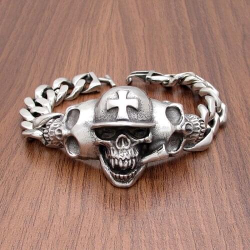 Punk 316L Stainless Steel Mens Calvarium Big Cross Pipe Skull Bracelet Motor Biker Band Jewelry