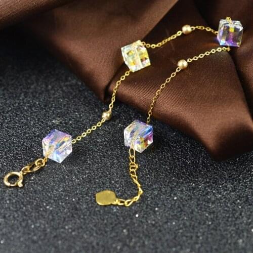 Real 18K Yellow Gold Bracelet 1mm Thin Rolo Link Chain And 5mm Colour Transparent Crystal Bracelet Adjustable For Woman
