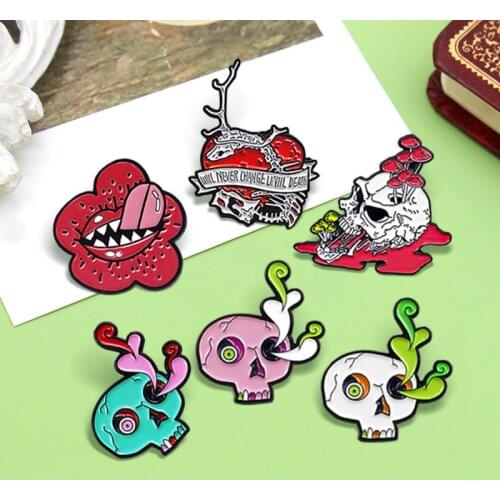 Punk Skull Death Skeleton Enamel pins Red Heart Keel Long Tongue flower Colour Blasting Eyes Skull Jewelry Gifts Wholesale