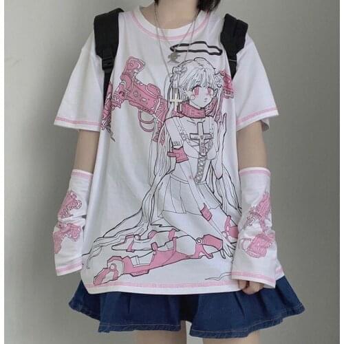 Harajuku Streetwear Mechanical Angel Print Short Sleeve T-shirt Women Clothes Summer O-neck Sweet Girls White Tops Tee