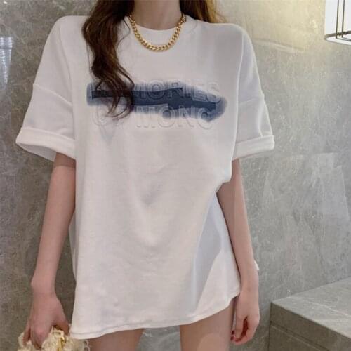 Womens T-shirts pure cotton letter printed T-shirt Women Summer Harajuku Casual Short Sleeve loose long T-shirt Streetwear Tops