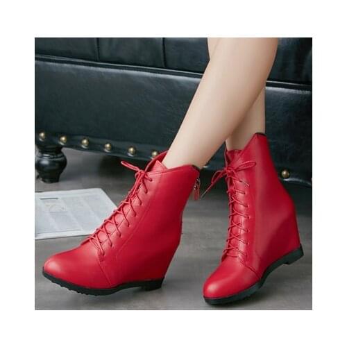 Leather Wedge, Lacing, Round Top Martin Boot, Versatile Back Zipper