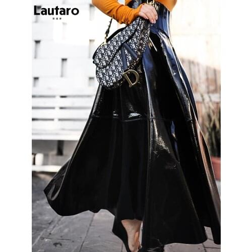 Lautaro Spring Long Black Reflective Patent Leather Skirt Women Zipper High Waist 2021 Midi Skirts Korean Style Fashion Clothing