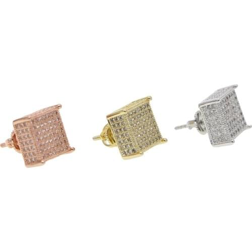 Fashion iced out men stud earrings full clear cz pave setting screw back ear stud for men women square hip hop earrings jewelry