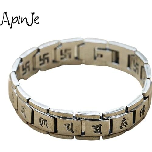 Apinje S925 Sterling Silver Bracelet for Men Six Words Mantra Buddhism Heavy Bracelets Man Jewelry