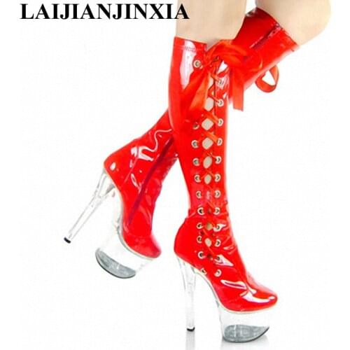 LAIJIANJINXIA New 17Cm Spike High Heels Clear Platform Boots Womens Fall Red Pole Dance Point Shoes Women Lace Up Runway Boots