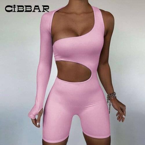 CIBBAR Casual Solid Hollow Out Playsuit Women One Shoulder Long Sleeve Rompers Summer Bodycon Partywear Short Pants Outfits 2021
