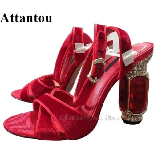 Block Heeled Luxury Diamond High Heel Wedding Shoes Woman Cross-belt Ankle Strappy Velvet Jewelled High Heel Gladiator Sandals