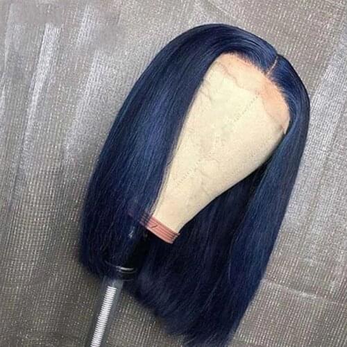 Silky Straight Blue Colored Remy Blunt Cut Short Bob Transpare Lace Front Human Hair Wig For Woman With Bahy Hair Middle Part