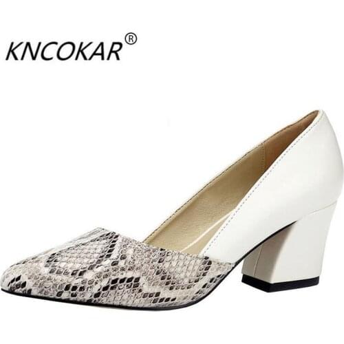2018 normic autumn fashion color block decoration serpentine pattern thick heel shoes sexy fashion pointed toe high-heeled shoes