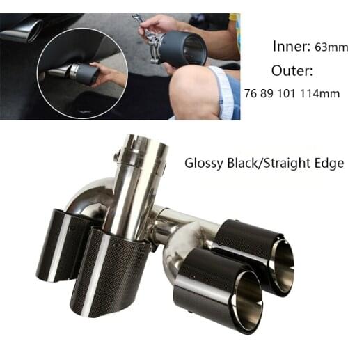 Universal 63mm 89mm Car Exhaust Tips Glossy Carbon Fiber Muffler SUV Auto Exhaust Pipe Straight Edge Clamp-on Plug-in Escape