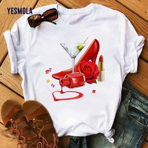 YESMOLA Wine High Heel Shoes Woman T-shirts White Ladies Shirt Tops Print Tshirt Female 2021 Summer Short Sleeve Tee Shirt