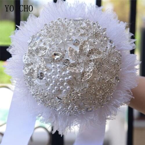 YO CHO Bride Wedding Bouquet Bridesmaid Silk Rose Bouquet White Luxurious Crystal Pearl Rhinestone Nosegay Wedding Flower Posy