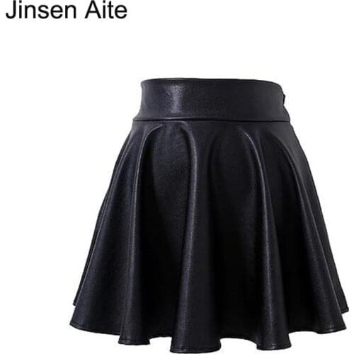 Jinsen Aite 2018 New High Elastic Waist Women Skirt Casual Mini Pleated PU Leather Skirts Black Female Saias Femininas JS383