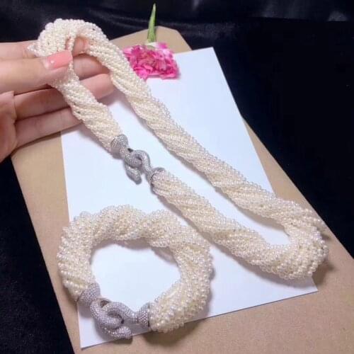 Womens inlay zircon clasp accessory white freshwater pearl necklace bracelet set fashion jewelry