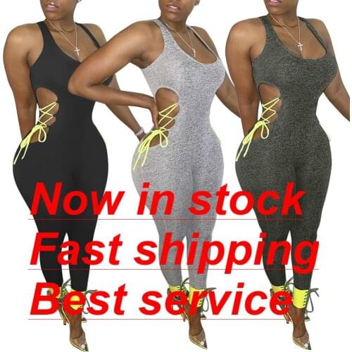 Womens Sexy Suspender Jumpsuit Fashion Solid Color Hollow Bandage Summer Long Jumpsuit