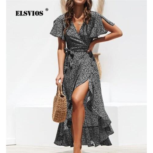 ELSVIOS Ladies V-neck Ruffle Irregular Summer Dress Women Floral Print Sashes Chiffon Long Dress Casual Short Sleeve Beach Dress