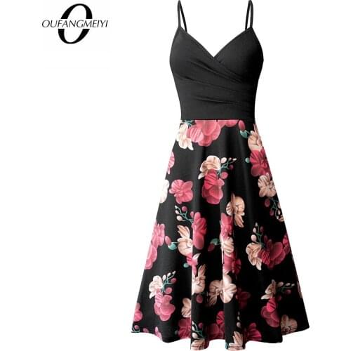 Women Sexy Charming Wrap Spaghetti Strap Floral Print Patchwork Flowy Midi Dress with Pockets EA264