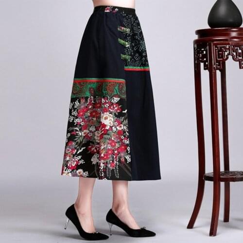 New ethnic cotton and linen elastic half-length women dress black peony flower fashion female A word printing big swing dress