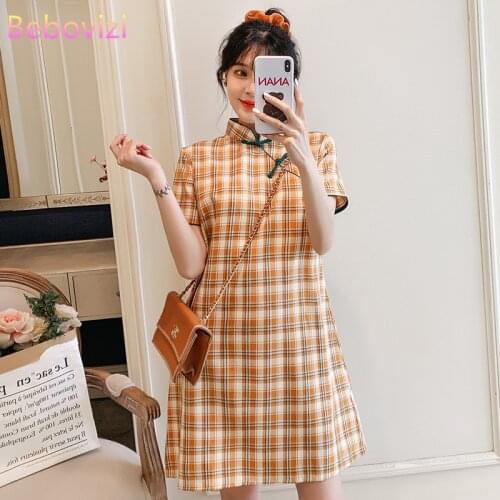 Plus Size M-4XL Yellow Check Loose Fashion Modern Cheongsam Dress Women Short Sleeve Qipao Traditional Chinese Clothes