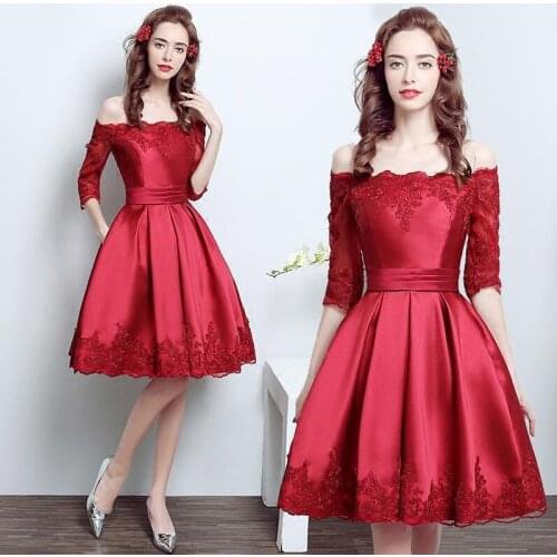 2017 Hot sale Fashion Womens Solid color Lace Half sleeve Strapless Party dress Sexy Silm Slash neck Knee-length Ball Gown