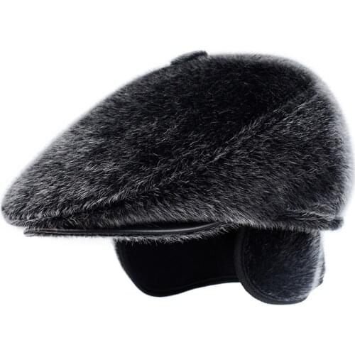 Winter Hats for Men Outdoor Windproof Warm Cap Black Round Faux Fur Dad Hat