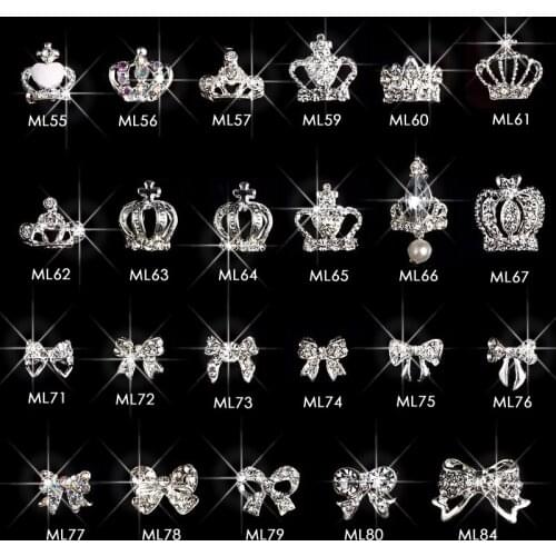 100pcs silver crown & bows rhinestone nail design alloy 3d DIY Crown nail art supplies pendant decorations accessories ML55-84