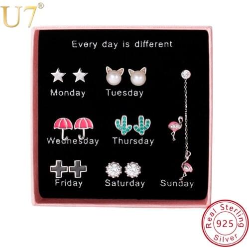U7 925 Sterling Silver One Week Stud Earrings Seven Days Not Repeating Daily Earrings Sets Valentines Day Gift for Women Girls