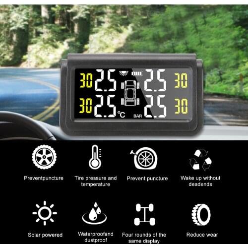 Wireless 4 Tire Pressure Sensor Tire Pressure Monitoring System Solar TMPS Intelligent USB Digital LCD Display