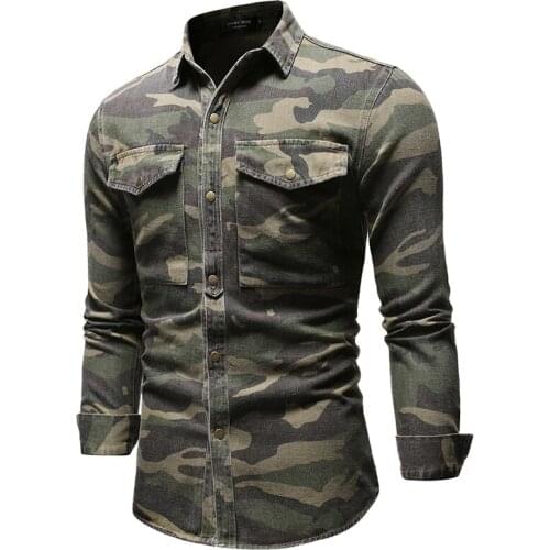 Fashion Camouflage Long Sleeve Denim Shirt Men Casual Lapel Single Breasted Fashion Mens Denim Shirt Pop Spring Mens Shirts