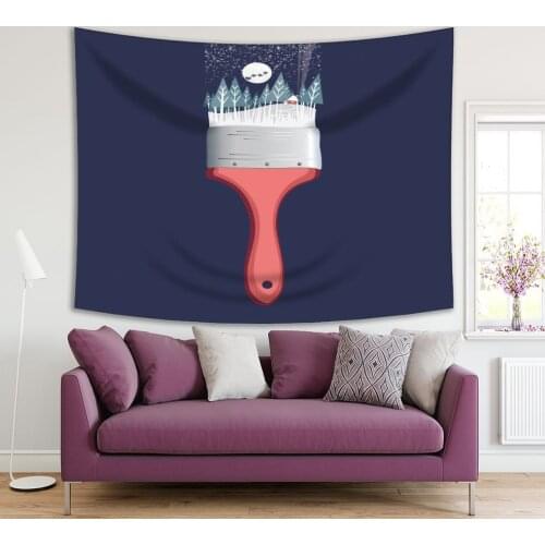 Tapestry Full Moon Trees and House Snowy Winter Night Christmas Theme from Paint Brush Creative Art Blue Red Green