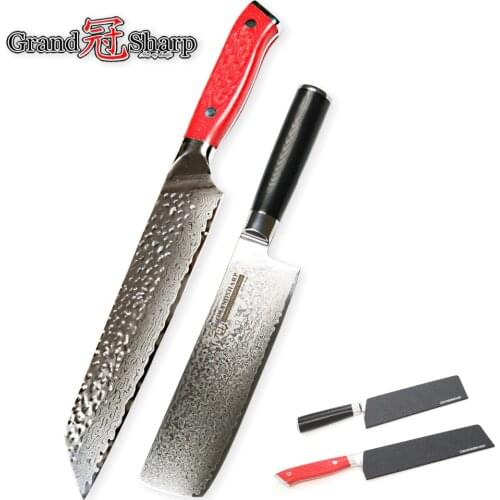 Grandsharp 2018 Kitchen Knife Set 2 Pcs Japanese Nakiri Kiritsuke Chef Damascus Knives Japanese vg10 Stainless Steel Free Gift