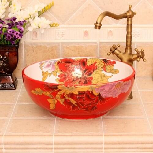 Ceramic Art Basin Sink Counter Top Wash Basin Bathroom Vessel Sinks vanities red peony ceramic washing basin bathroom sinks