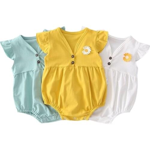 Newborn Baby Girls Solid Fly Sleeve V Neck Bodysuits Buttons Triangle Toddler Jumpsuits Cotton Summer Cute Casual Infant Outfits