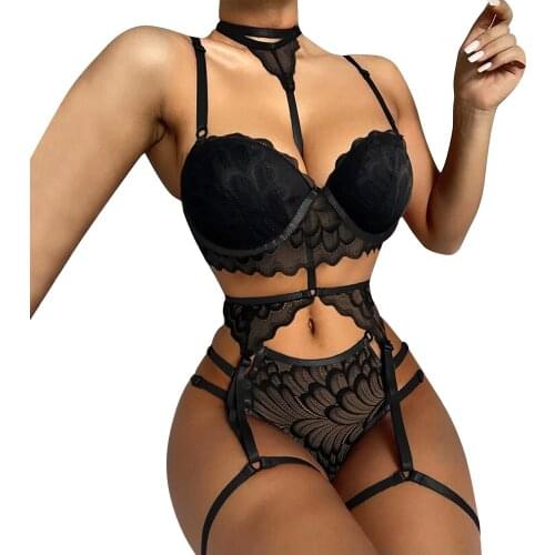 Women Siamesed Erotic Lingerie Set Sexy Underwear with Garter Belt Summer Embroidery Hanging Neck Backless Tie Up Jumpsuits