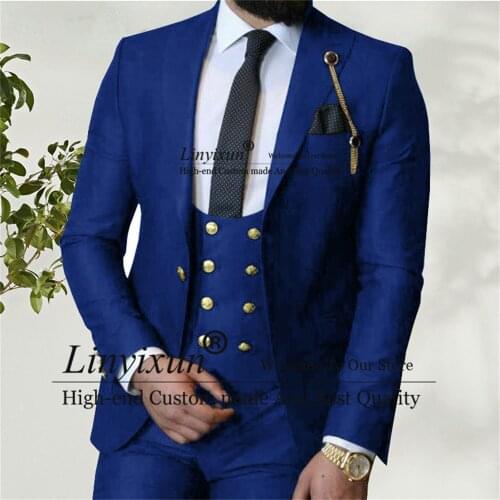 2021 Costume Homme Italian Business Slim Fit 3 Pieces Royal Blue Mens Suits Groom Prom Tuxedos Groomsmen Blazer For Wedding