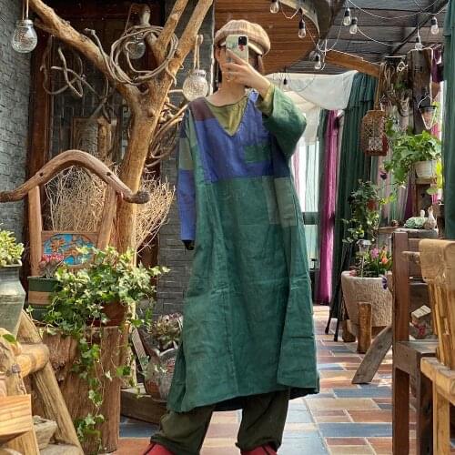 Women Autumn Spring Patchwork Linen V Neck Dress Ladies Plus Size V Neck Dresses Female Oversized Flax Dress